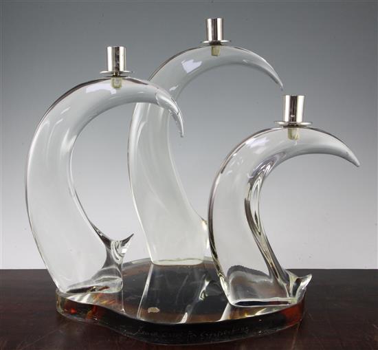 A Murano glass sculptural three light candelabra, by Oscar Zanetti, for Crystal King, late 20th century, 41cm